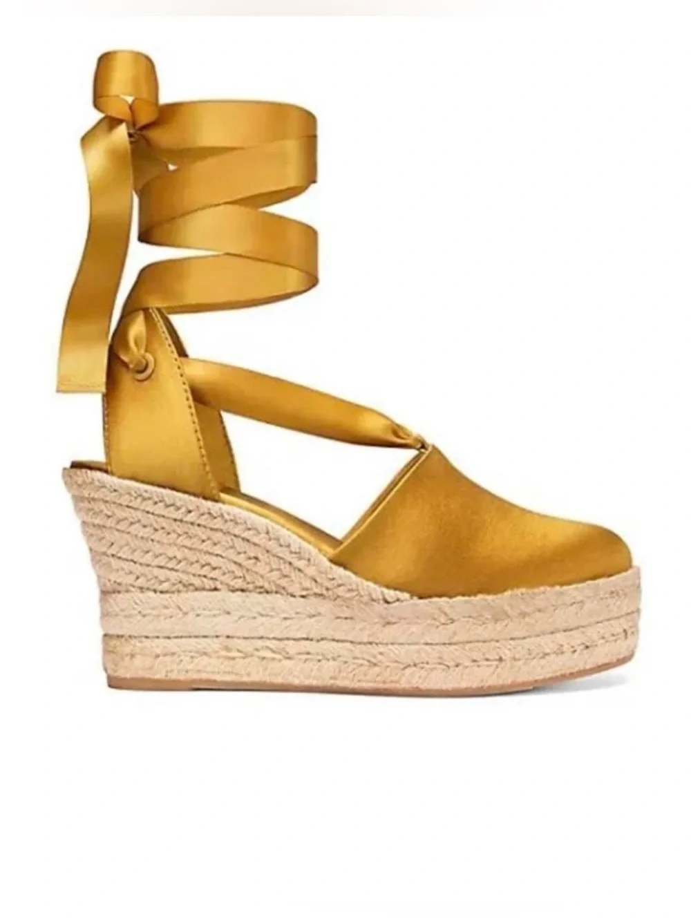New Tory Burch Elisa Wedge Satin Espadrille Size 5 Golden Fry - Never Worn